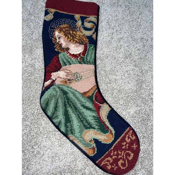 Vintage Wool Needlepoint Christmas Stocking Angel Velvet Navy Blank Burgundy - Picture 1 of 7